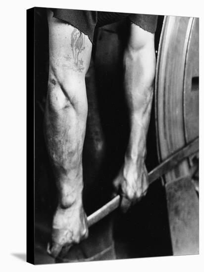 Railroad Worker - Tightening Wheel, 1925, Printed 1931-Lewis Wickes Hine-Stretched Canvas