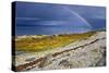 Rainbow Above Rocky Beach and Small Boat-null-Stretched Canvas