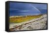 Rainbow Above Rocky Beach and Small Boat-null-Framed Stretched Canvas