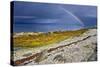 Rainbow Above Rocky Beach and Small Boat-null-Stretched Canvas