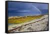 Rainbow Above Rocky Beach and Small Boat-null-Framed Stretched Canvas