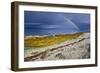 Rainbow Above Rocky Beach and Small Boat-null-Framed Photographic Print