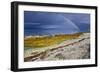 Rainbow Above Rocky Beach and Small Boat-null-Framed Photographic Print