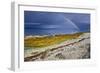 Rainbow Above Rocky Beach and Small Boat-null-Framed Photographic Print