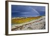 Rainbow Above Rocky Beach and Small Boat-null-Framed Photographic Print