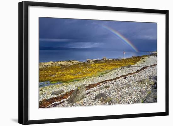 Rainbow Above Rocky Beach and Small Boat-null-Framed Photographic Print