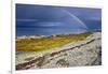 Rainbow Above Rocky Beach and Small Boat-null-Framed Photographic Print