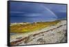 Rainbow Above Rocky Beach and Small Boat-null-Framed Stretched Canvas