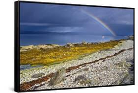 Rainbow Above Rocky Beach and Small Boat-null-Framed Stretched Canvas