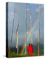 Rainbow and Monks with Praying Flags, Phobjikha Valley, Gangtey Village, Bhutan-Keren Su-Stretched Canvas