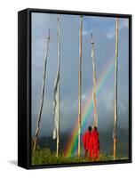 Rainbow and Monks with Praying Flags, Phobjikha Valley, Gangtey Village, Bhutan-Keren Su-Framed Stretched Canvas
