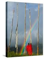 Rainbow and Monks with Praying Flags, Phobjikha Valley, Gangtey Village, Bhutan-Keren Su-Stretched Canvas