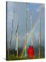 Rainbow and Monks with Praying Flags, Phobjikha Valley, Gangtey Village, Bhutan-Keren Su-Stretched Canvas