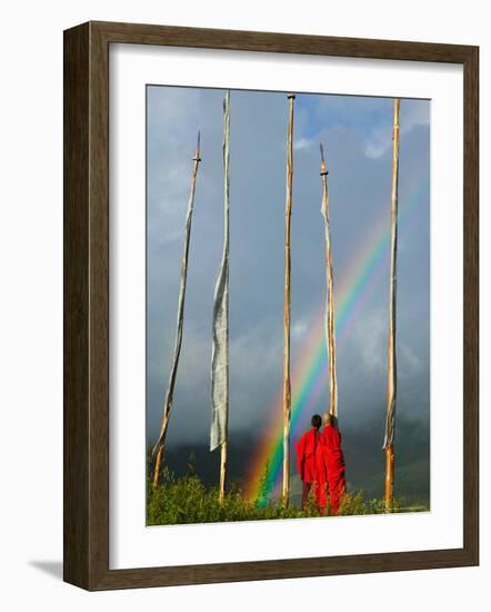 Rainbow and Monks with Praying Flags, Phobjikha Valley, Gangtey Village, Bhutan-Keren Su-Framed Photographic Print