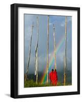 Rainbow and Monks with Praying Flags, Phobjikha Valley, Gangtey Village, Bhutan-Keren Su-Framed Photographic Print