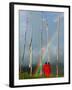 Rainbow and Monks with Praying Flags, Phobjikha Valley, Gangtey Village, Bhutan-Keren Su-Framed Photographic Print