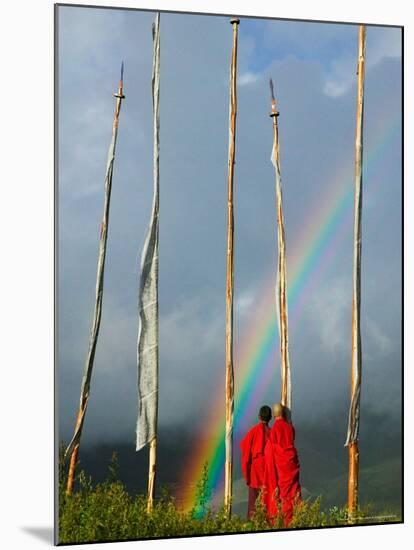 Rainbow and Monks with Praying Flags, Phobjikha Valley, Gangtey Village, Bhutan-Keren Su-Mounted Photographic Print