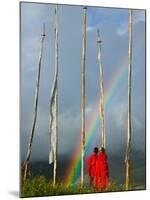 Rainbow and Monks with Praying Flags, Phobjikha Valley, Gangtey Village, Bhutan-Keren Su-Mounted Photographic Print