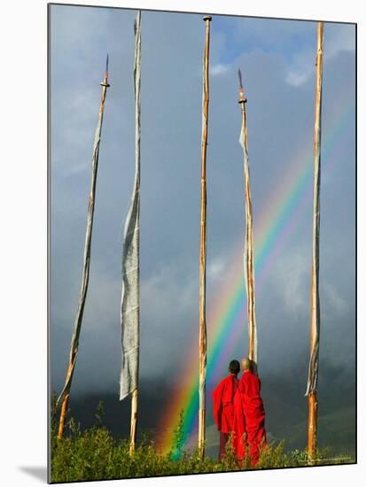 Rainbow and Monks with Praying Flags, Phobjikha Valley, Gangtey Village, Bhutan-Keren Su-Mounted Photographic Print