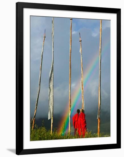 Rainbow and Monks with Praying Flags, Phobjikha Valley, Gangtey Village, Bhutan-Keren Su-Framed Photographic Print