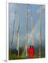 Rainbow and Monks with Praying Flags, Phobjikha Valley, Gangtey Village, Bhutan-Keren Su-Framed Photographic Print