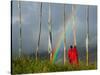 Rainbow and Monks with Praying Flags, Phobjikha Valley, Gangtey Village, Bhutan-Keren Su-Stretched Canvas