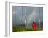 Rainbow and Monks with Praying Flags, Phobjikha Valley, Gangtey Village, Bhutan-Keren Su-Framed Photographic Print