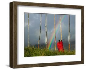 Rainbow and Monks with Praying Flags, Phobjikha Valley, Gangtey Village, Bhutan-Keren Su-Framed Photographic Print