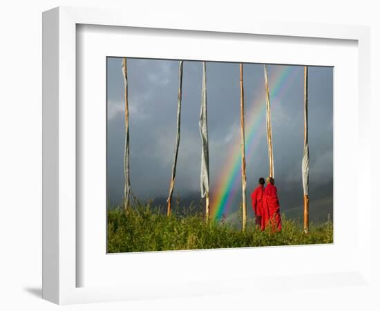 Rainbow and Monks with Praying Flags, Phobjikha Valley, Gangtey Village, Bhutan-Keren Su-Framed Photographic Print