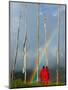 Rainbow and Monks with Praying Flags, Phobjikha Valley, Gangtey Village, Bhutan-Keren Su-Mounted Photographic Print