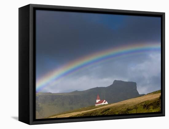 Rainbow over Church, Vik, Iceland-Peter Adams-Framed Stretched Canvas