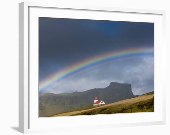 Rainbow over Church, Vik, Iceland-Peter Adams-Framed Photographic Print