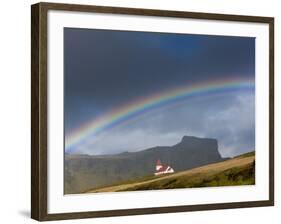 Rainbow over Church, Vik, Iceland-Peter Adams-Framed Photographic Print