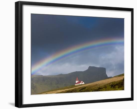 Rainbow over Church, Vik, Iceland-Peter Adams-Framed Photographic Print