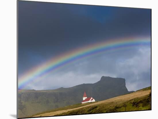 Rainbow over Church, Vik, Iceland-Peter Adams-Mounted Photographic Print