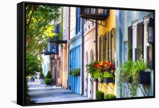 Rainbow Row I, Charleston South Carolina-George Oze-Framed Stretched Canvas