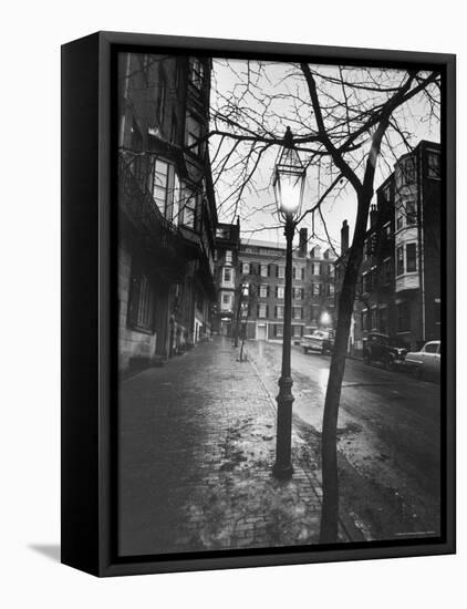 Rainy Beacon Hill St at Dusk During Series of Boston Stranglings-Art Rickerby-Framed Stretched Canvas