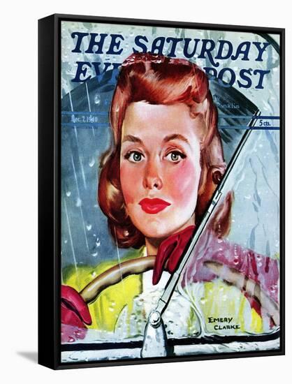 "Rainy Drive," Saturday Evening Post Cover, December 7, 1940-Emery Clarke-Framed Stretched Canvas