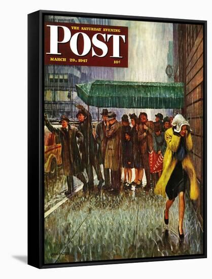 "Rainy Wait for a Cab," Saturday Evening Post Cover, March 29, 1947-John Falter-Framed Stretched Canvas