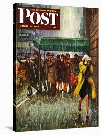 "Rainy Wait for a Cab," Saturday Evening Post Cover, March 29, 1947-John Falter-Stretched Canvas