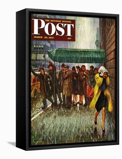 "Rainy Wait for a Cab," Saturday Evening Post Cover, March 29, 1947-John Falter-Framed Stretched Canvas