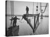 Raising the Truss, Men of the Raising Gang Ride the Swinging Steel 160 Feet Above the Water-Peter Stackpole-Stretched Canvas