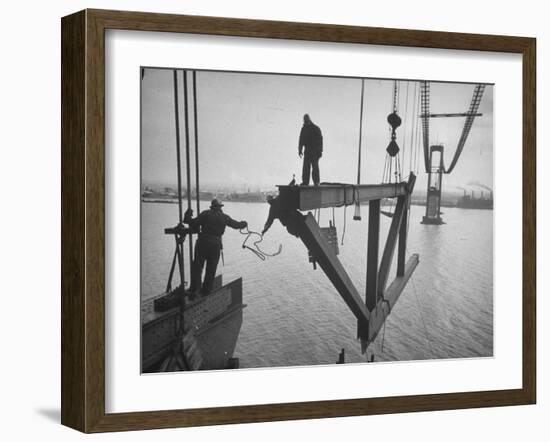 Raising the Truss, Men of the Raising Gang Ride the Swinging Steel 160 Feet Above the Water-Peter Stackpole-Framed Photographic Print