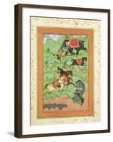 Rajput Princes Hunting Bears, Mahout and Elephant Rescue Fallen Horseman from Tiger-null-Framed Giclee Print