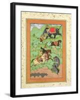 Rajput Princes Hunting Bears, Mahout and Elephant Rescue Fallen Horseman from Tiger-null-Framed Giclee Print