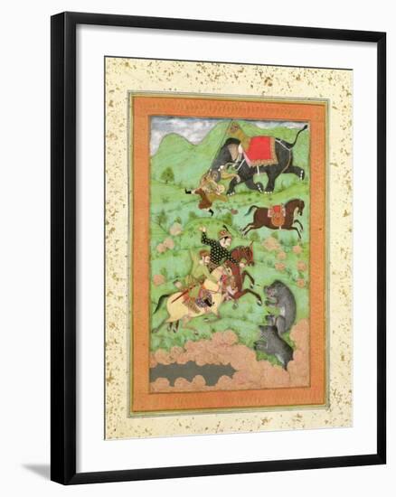 Rajput Princes Hunting Bears, Mahout and Elephant Rescue Fallen Horseman from Tiger-null-Framed Giclee Print