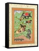 Rajput Princes Hunting Bears, Mahout and Elephant Rescue Fallen Horseman from Tiger-null-Framed Stretched Canvas