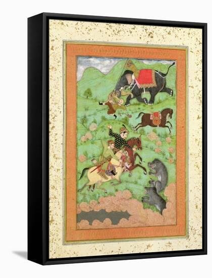 Rajput Princes Hunting Bears, Mahout and Elephant Rescue Fallen Horseman from Tiger-null-Framed Stretched Canvas