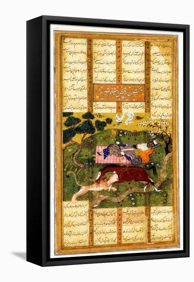 Rakhsh Kills An Attacking Lion While Rustam Sleeps. From the Shahnama (Book of Kings)-null-Framed Stretched Canvas