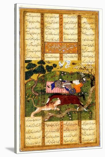 Rakhsh Kills An Attacking Lion While Rustam Sleeps. From the Shahnama (Book of Kings)-null-Stretched Canvas